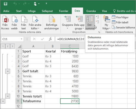 Klicka på Delsumma på fliken Data för att lägga till en delsummarad i dina Excel-data