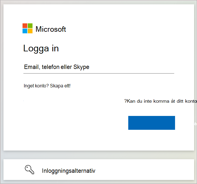 Skärmbild som visar inloggningsdialogrutan där du anger den e-postadress eller det telefonnummer som är kopplat till ditt Microsoft-konto.