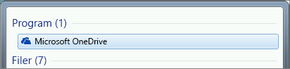 Skärmbild av att söka efter OneDrive-skrivbordsprogrammet i Windows 7