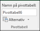 Byta namn på en pivottabell från Verktyg för pivottabell > Analysera > rutan Namn på pivottabell