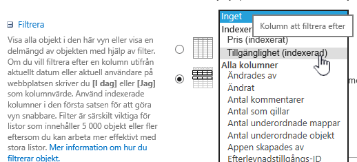 Välj ett indexerat fält i SharePoint Online