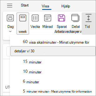 Skärmbild som visar tidsskala under fliken Visa med 30 minuter markerat
