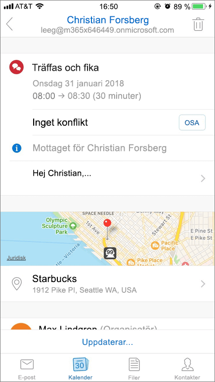 Skärmbild som visar skärmen på en mobil enhet med en kalenderinbjudan.