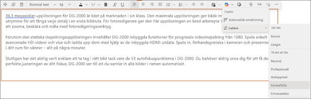 Exempel på ändring av tonen för föreslagen text i copilot i SharePoint – före