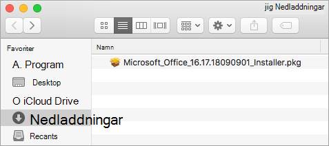 Ikonen Hämtningsbara filer i Dock visar installationspaketet för Office 365