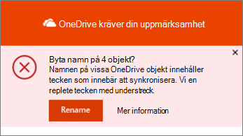 Skärmbild av meddelandet Byt namn i synkroniseringsprogrammet för OneDrive-skrivbordet