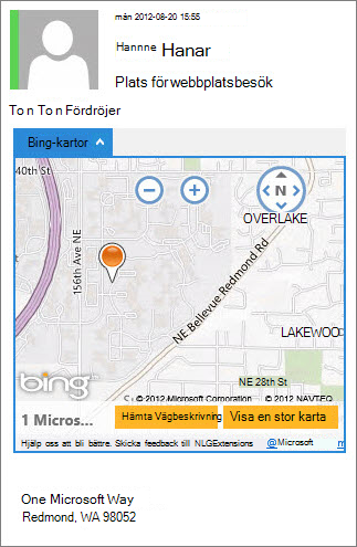 E-postmeddelande där Bing Maps visar adressen på en karta