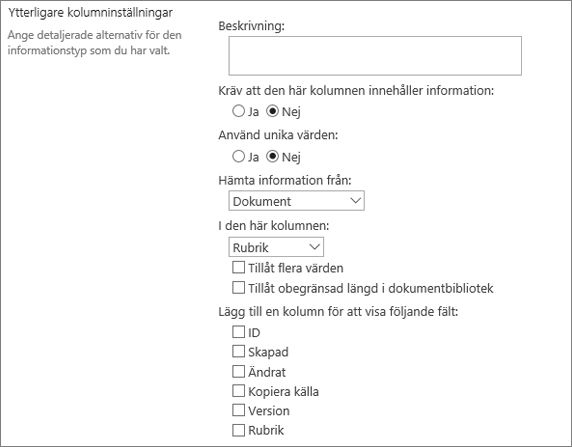 Dialogrutan med alternativ för uppslagskolumn