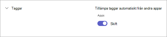 Växlingsknappen Arbetspass i Teams-inställningar för arbetspassbaserade taggar i Teams.