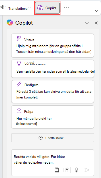 Copilot-fönstret i OneNote till höger på sidan.