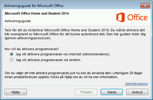 Visar aktiveringsguiden för Microsoft Office