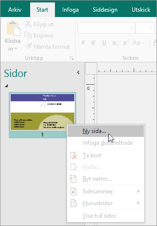 Infoga sida i navigeringsfönstret Sidor i Publisher.