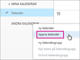 Menyn Öppna kalender i Outlook Web App