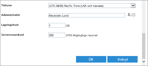 Dialogrutan Ny webbplatssamling med sektion för tidszon och kvoter.