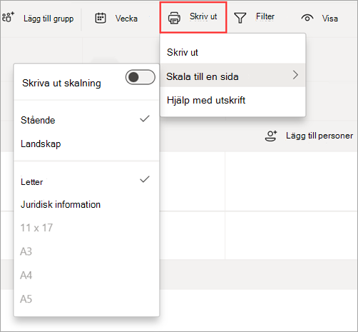 Skärmbild som visar alternativet Skriv ut i Arbetspass för att skriva ut ett schema.