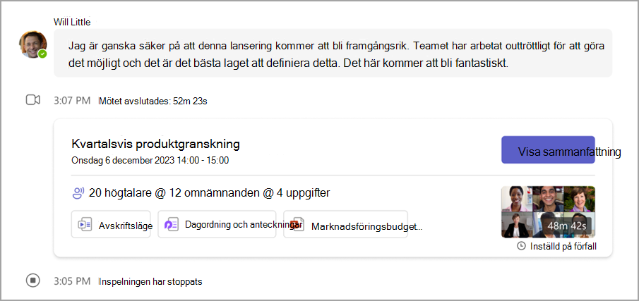 Granska information om mötets sammanfattning från en möteschatt.