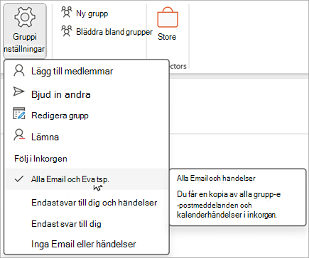 Välj Gruppinställningar i menyfliksområdet och välj sedan vilka objekt du vill följa eller sluta följa