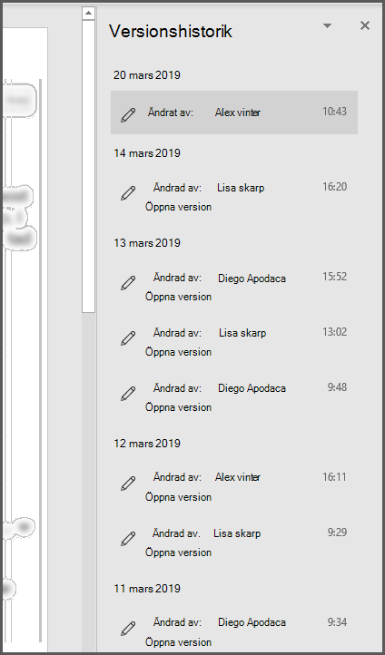 Fönstret Versionshistorik i Office som visar flera tidigare versioner av filen