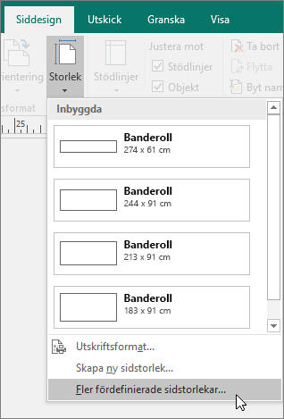 Skärmbild av alternativet Fler fördefinierade sidstorlekar på fliken Sidlayout i Publisher.