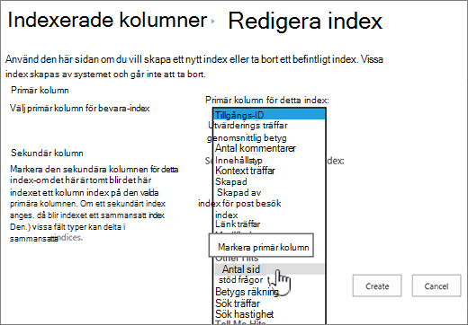 Redigera indexsida med markerad kolumn i listrutan
