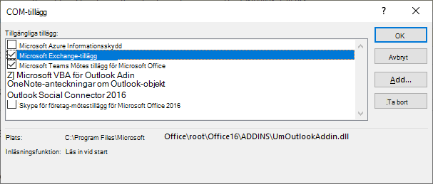 Fönstret för tillägget Outlook coms är öppet.