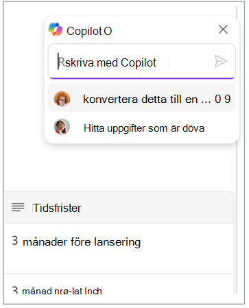 Skärmbild som visar Loop Copilot-ledtexthistorik som involverar två teammedlemmar