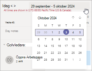 Ändra datumintervallet i schemat i Arbetspass.