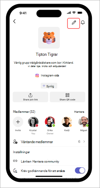 Skärmbild av knappen Redigera i Microsoft Teams (kostnadsfritt) på en mobil enhet.