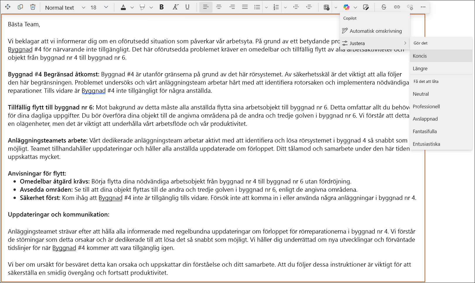 Skärmbild av en lång text i SharePoint RTF-redigeraren.