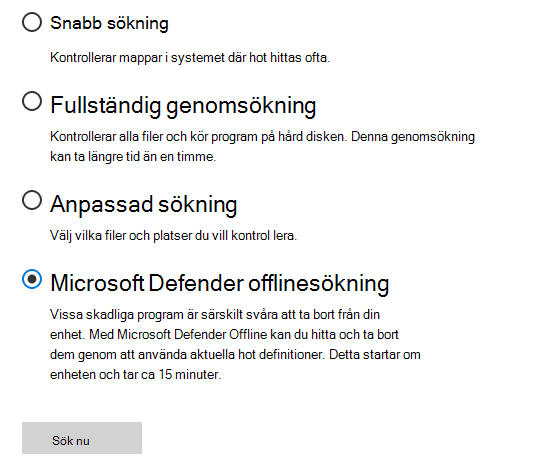 Dialogrutan Skanningsalternativ visar en Microsoft Defender Offline markerad.