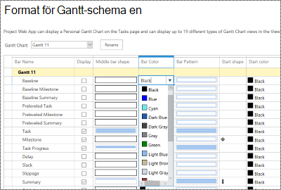 Gantt-formateringssida i Project Online.