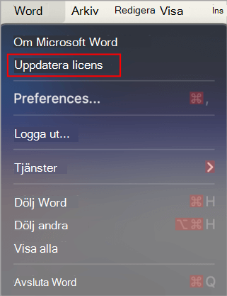 Hitta knappen Uppdatera licens i Microsoft Word på macOS.