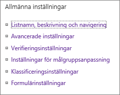 Länklista till allmänna inställningar