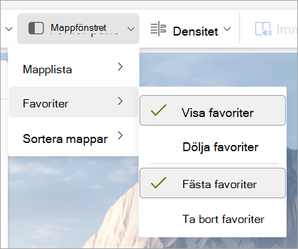 Skärmbild av listrutan Mappfönster med Visa favoriter och Fäst favoriter markerat