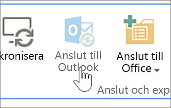 Menyflik med knappen Anslut till Outlook inaktiverad och markerad