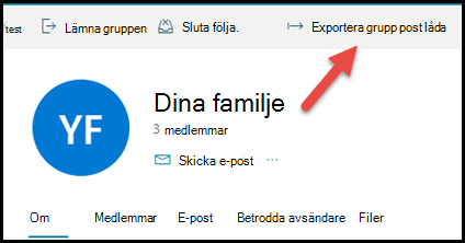 Gruppkortet i Outlook.com med en pil som pekar uppåt och höger mot Exportera grupppostlåda.