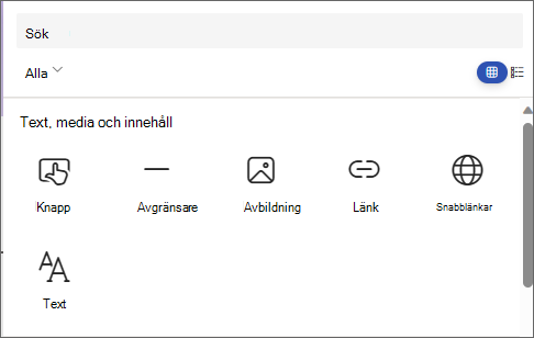 Skärmbild av panelen för att välja en webbdel som visar Knapp, Avgränsare, Bild, Länk, Snabblänkar och Text.