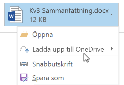 Skärmbild av ett skrivfönster i Outlook med en bifogad fil och med kommandot Ladda upp markerat.