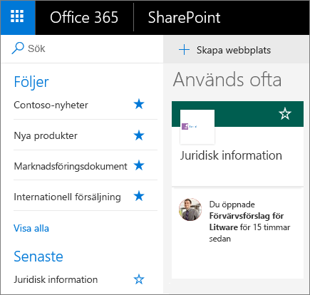 Skärmbild med startsidan för SharePoint Modern.