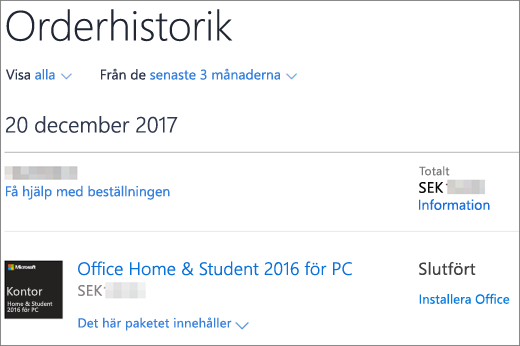 Visar sidan orderhistorik i Microsoft Store
