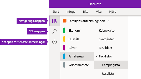 Navigeringsfältet i OneNote för Windows 10