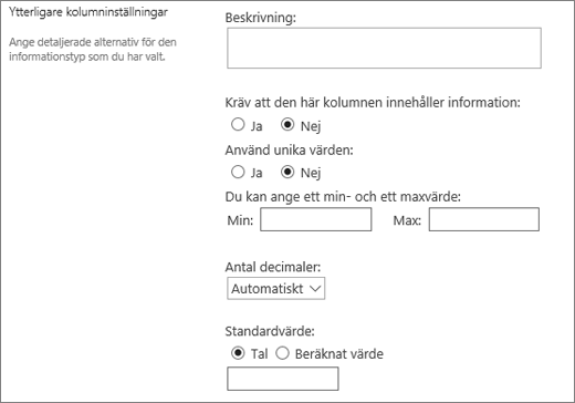 Alternativ för den numeriska kolumnen