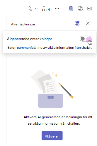 AI-anteckningar aktiveras från en växlingsknapp i en Teams-chatt