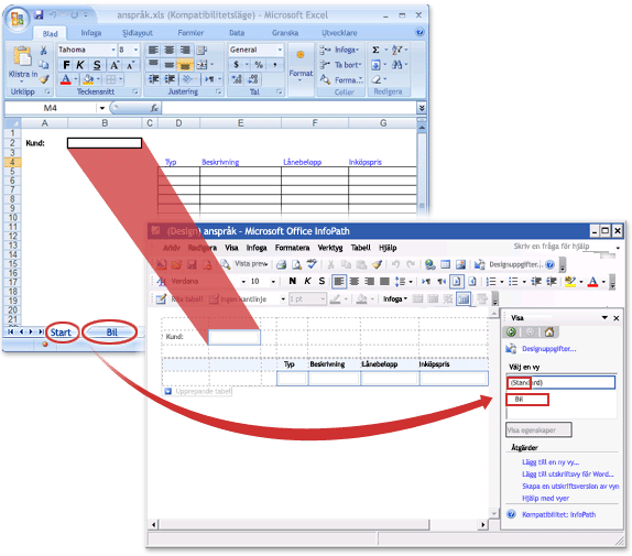 En Excel-arbetsbok före och efter konvertering till en InfoPath-formulärmall.