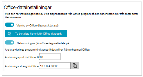 Skärmbild av avsnittet "Office-datainställningar" under inställningar för Visningsprogrammet för diagnostikdata