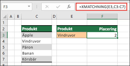 Exempel på hur du använder XMATCHNING för att hitta positionen för ett objekt i en lista