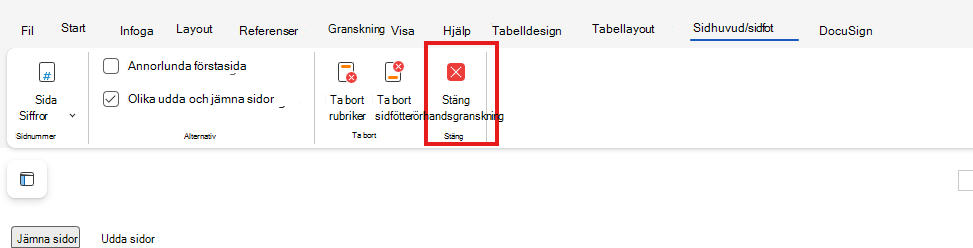 Stäng förhandsgranskning av sidhuvud och sidfot på webben