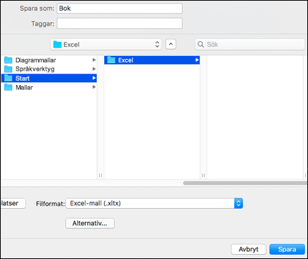 I sökresultatet dubbelklickar du på mappen Autostart, dubbelklickar på Excel-mappen och klickar sedan på Spara.