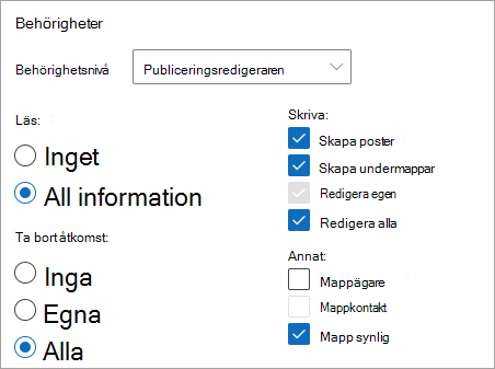 Skärmbild som visar publiceringsredigeraren vald som behörighetsnivå