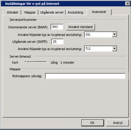 Skärmbild av fliken Avancerat i dialogrutan Inställningar för E-post på Internet.